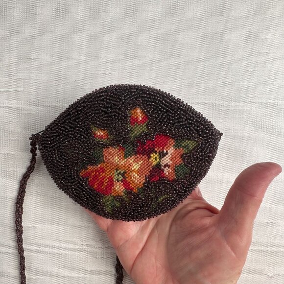 Vintage Beaded and Needlepoint Crossbody Coin Purse with Floral Design & Beaded - Picture 5 of 8